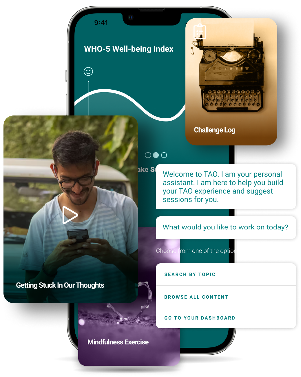 TAO mobile app with content cards and progress measures
